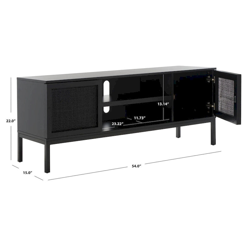 Meuble TV 54 pouces, 2 portes en rotin, 2 étagères, style côtier, noir/blanc/noyer/naturel, 1 unité