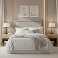 Tête de lit rembourrée, Tissu aspect lin, Clous décoratifs, Cadre à onglets, Gris, Lit King-size / Queen-size