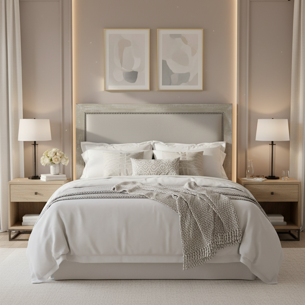 Tête de lit rembourrée, Tissu aspect lin, Clous décoratifs, Cadre à onglets, Gris, Lit King-size / Queen-size