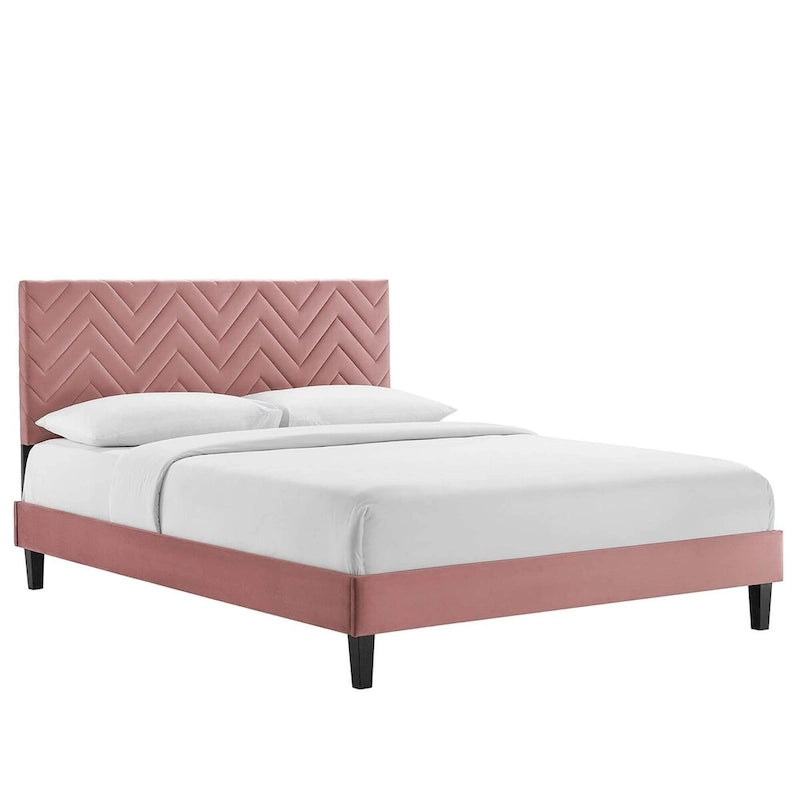 Lit plateforme grand lit, tête de lit capitonnée en velours à chevrons, pieds en bois fuselés, style milieu de siècle, bleu / blanc / anthracite / rose, 2 personnes