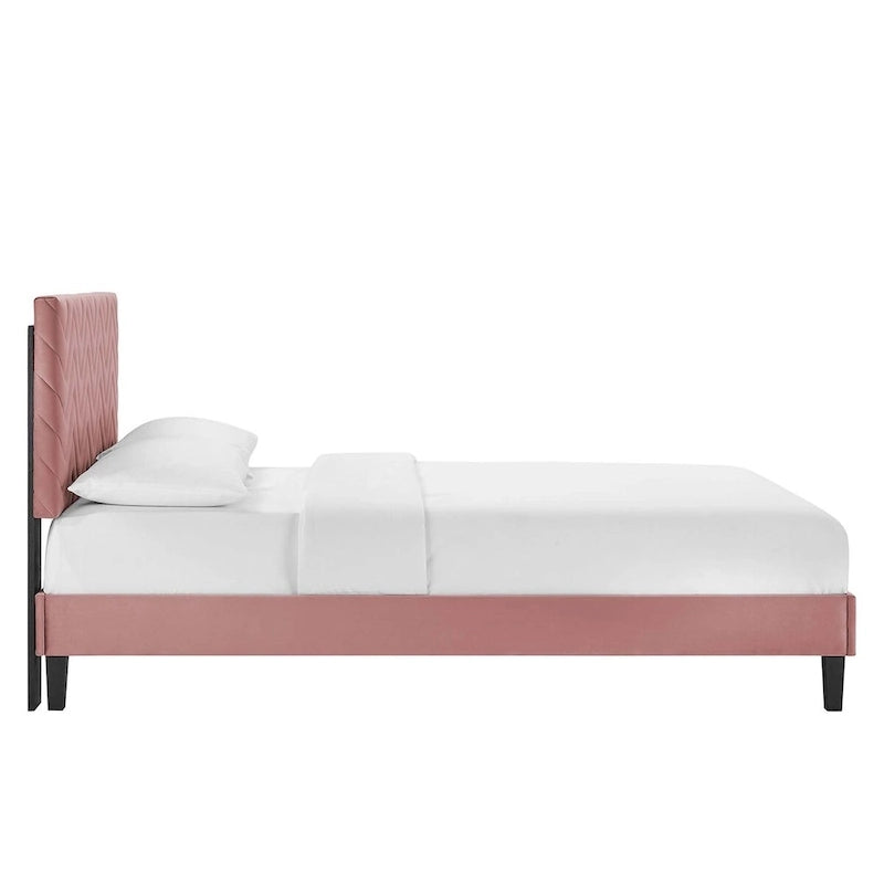 Lit plateforme grand lit, tête de lit capitonnée en velours à chevrons, pieds en bois fuselés, style milieu de siècle, bleu / blanc / anthracite / rose, 2 personnes