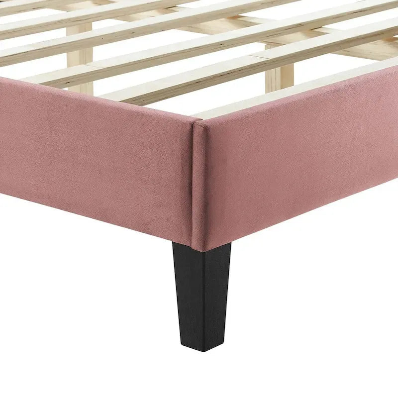 Lit plateforme grand lit, tête de lit capitonnée en velours à chevrons, pieds en bois fuselés, style milieu de siècle, bleu / blanc / anthracite / rose, 2 personnes