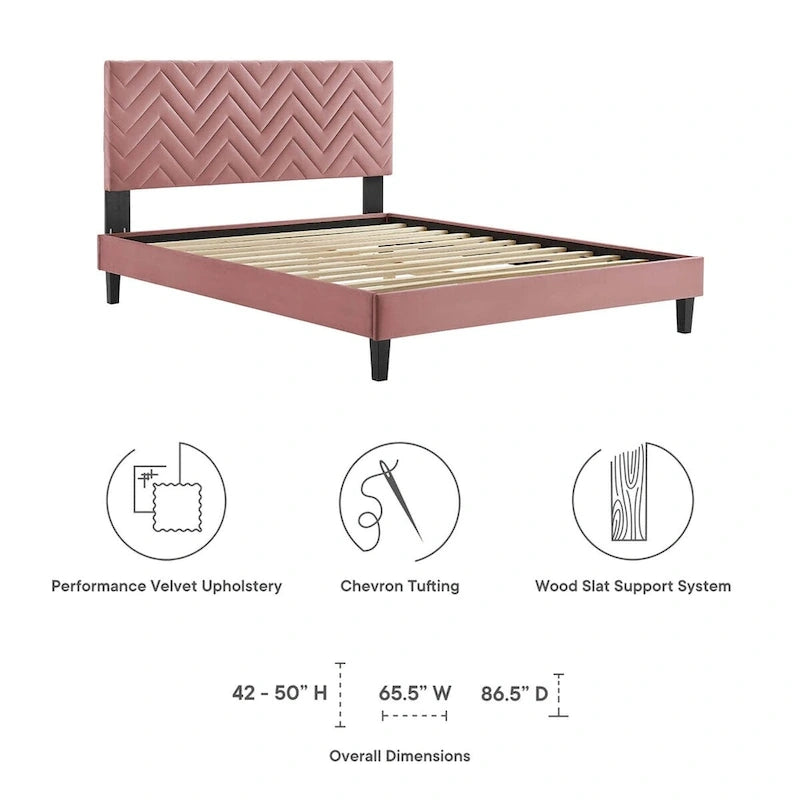 Lit plateforme grand lit, tête de lit capitonnée en velours à chevrons, pieds en bois fuselés, style milieu de siècle, bleu / blanc / anthracite / rose, 2 personnes
