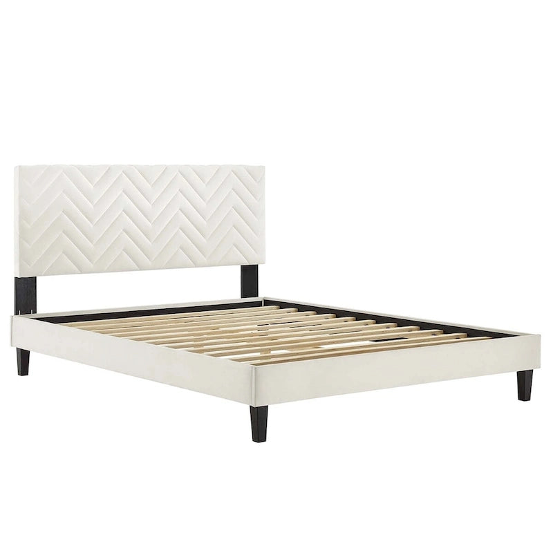 Lit plateforme grand lit, tête de lit capitonnée en velours à chevrons, pieds en bois fuselés, style milieu de siècle, bleu / blanc / anthracite / rose, 2 personnes