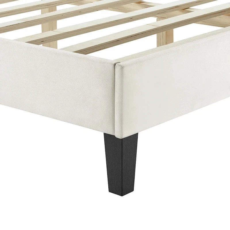 Lit plateforme grand lit, tête de lit capitonnée en velours à chevrons, pieds en bois fuselés, style milieu de siècle, bleu / blanc / anthracite / rose, 2 personnes