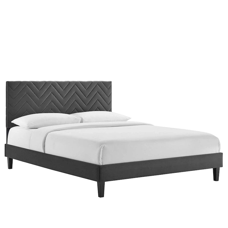 Lit plateforme grand lit, tête de lit capitonnée en velours à chevrons, pieds en bois fuselés, style milieu de siècle, bleu / blanc / anthracite / rose, 2 personnes