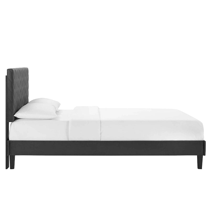 Lit plateforme grand lit, tête de lit capitonnée en velours à chevrons, pieds en bois fuselés, style milieu de siècle, bleu / blanc / anthracite / rose, 2 personnes
