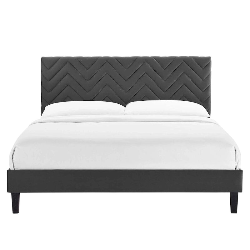 Lit plateforme grand lit, tête de lit capitonnée en velours à chevrons, pieds en bois fuselés, style milieu de siècle, bleu / blanc / anthracite / rose, 2 personnes