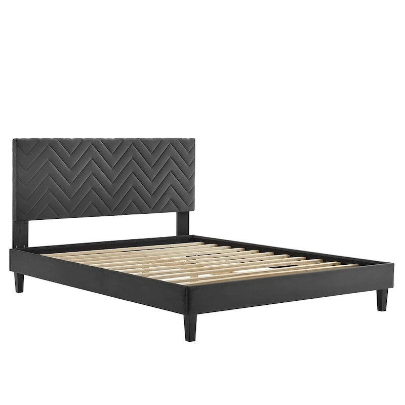 Lit plateforme grand lit, tête de lit capitonnée en velours à chevrons, pieds en bois fuselés, style milieu de siècle, bleu / blanc / anthracite / rose, 2 personnes