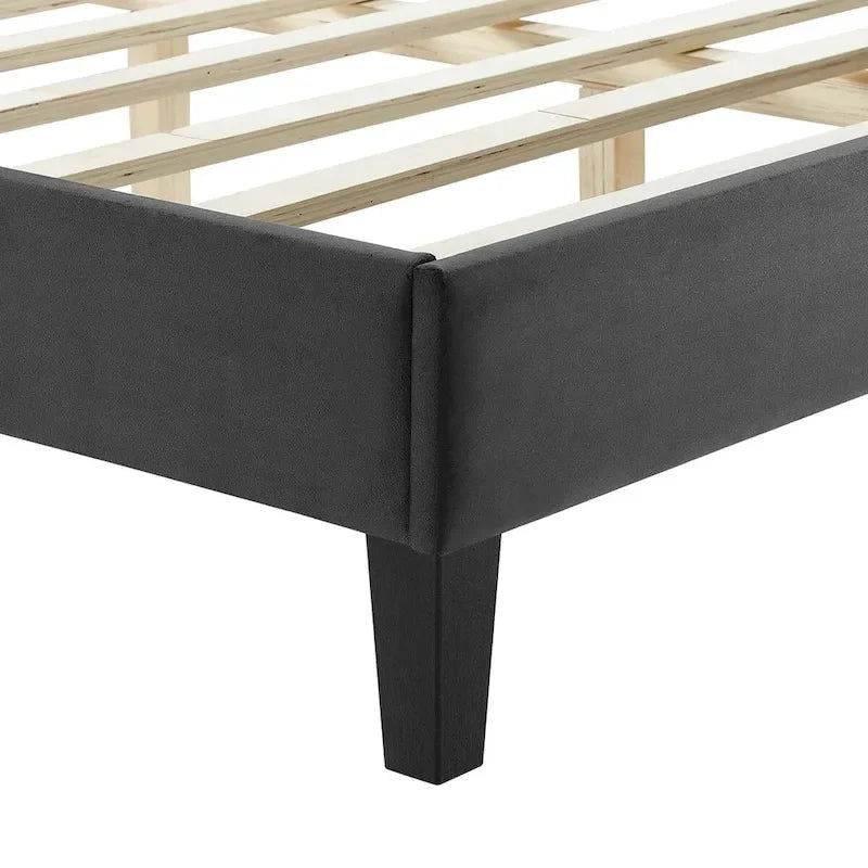Lit plateforme grand lit, tête de lit capitonnée en velours à chevrons, pieds en bois fuselés, style milieu de siècle, bleu / blanc / anthracite / rose, 2 personnes