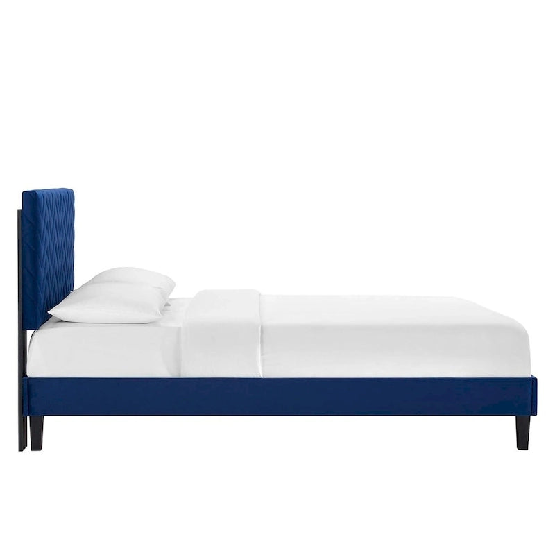 Lit plateforme grand lit, tête de lit capitonnée en velours à chevrons, pieds en bois fuselés, style milieu de siècle, bleu / blanc / anthracite / rose, 2 personnes