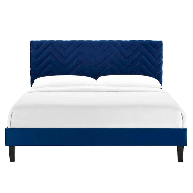 Lit plateforme grand lit, tête de lit capitonnée en velours à chevrons, pieds en bois fuselés, style milieu de siècle, bleu / blanc / anthracite / rose, 2 personnes
