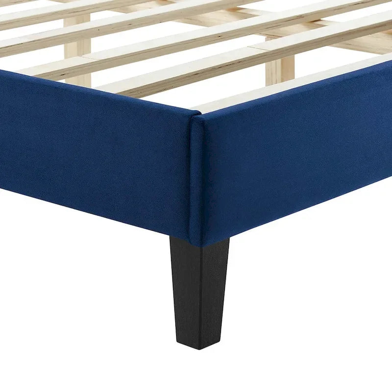 Lit plateforme grand lit, tête de lit capitonnée en velours à chevrons, pieds en bois fuselés, style milieu de siècle, bleu / blanc / anthracite / rose, 2 personnes