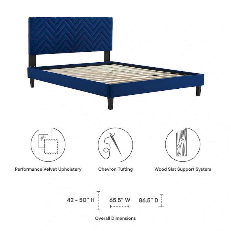 Lit plateforme grand lit, tête de lit capitonnée en velours à chevrons, pieds en bois fuselés, style milieu de siècle, bleu / blanc / anthracite / rose, 2 personnes