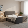 Lit plateforme California King, revêtement en velours, design rectangulaire arrondi, bois massif, style moderne, gris foncé, 2 personnes