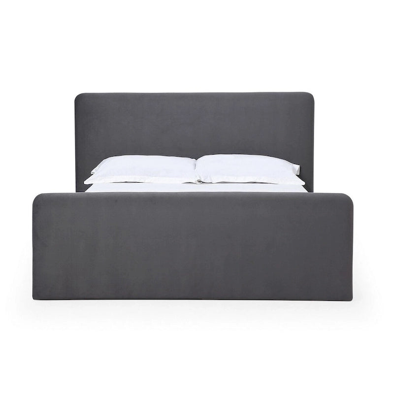 Lit plateforme California King, revêtement en velours, design rectangulaire arrondi, bois massif, style moderne, gris foncé, 2 personnes