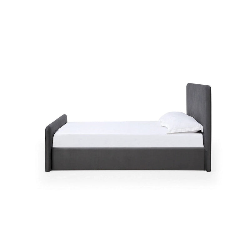 Lit plateforme California King, revêtement en velours, design rectangulaire arrondi, bois massif, style moderne, gris foncé, 2 personnes