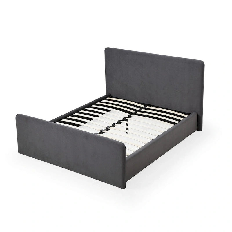Lit plateforme California King, revêtement en velours, design rectangulaire arrondi, bois massif, style moderne, gris foncé, 2 personnes