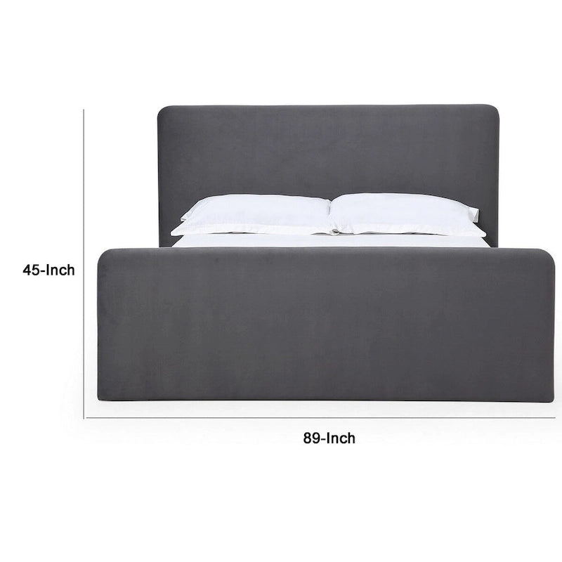 Lit plateforme California King, revêtement en velours, design rectangulaire arrondi, bois massif, style moderne, gris foncé, 2 personnes