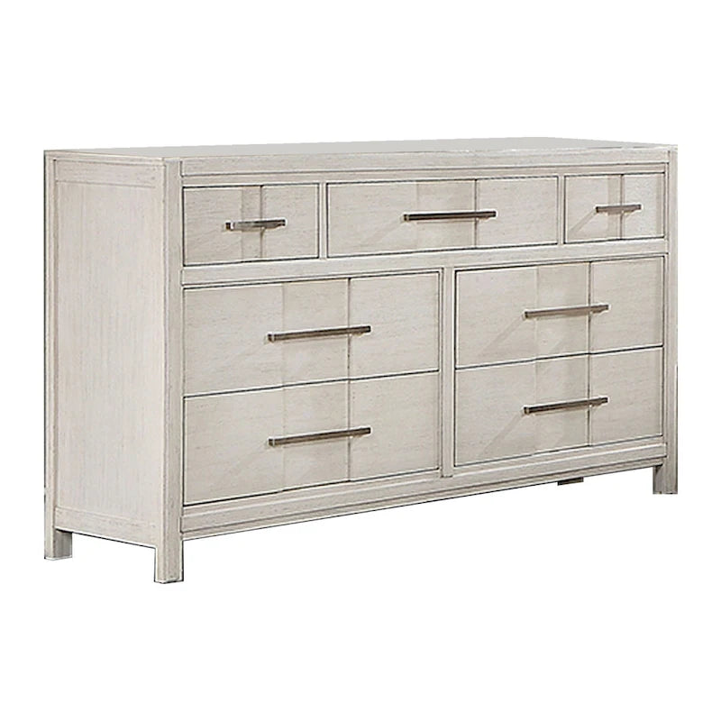 Commode 7 tiroirs de 58 pouces, poignées en nickel, tiroir supérieur doublé de feutre, blanche, 1 unité