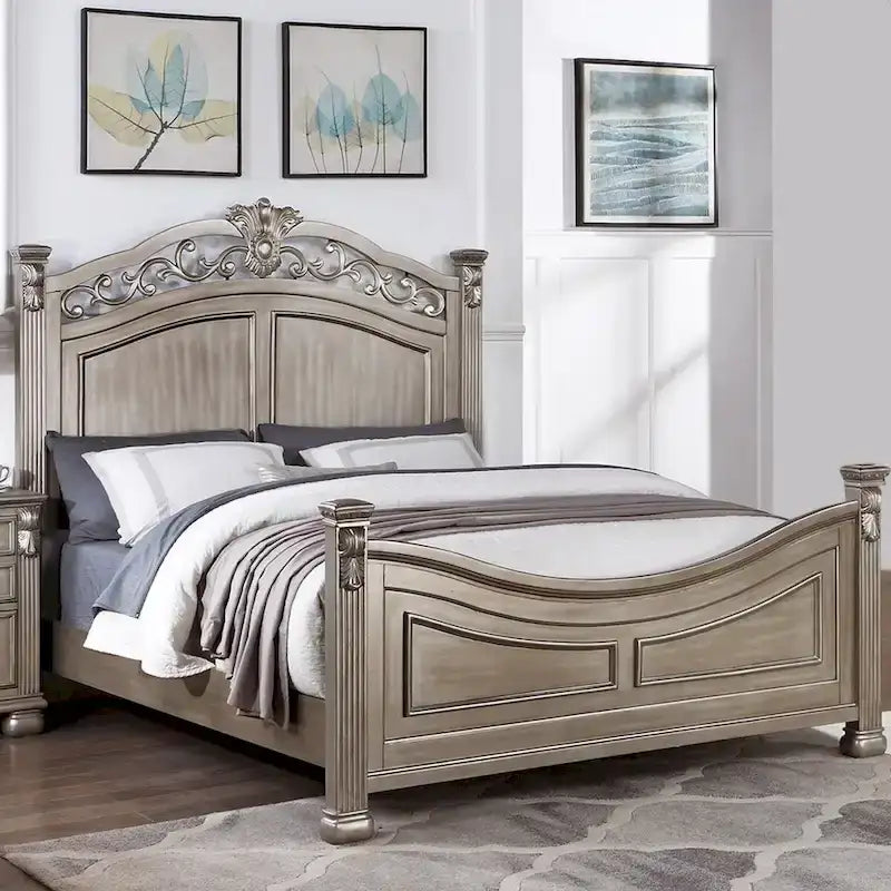 Cadre de lit en bois, tête de lit moulurée classique, style traditionnel américain, argent antique, grand lit / très grand lit / très grand lit californien, 2 personnes