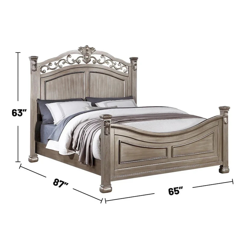 Cadre de lit en bois, tête de lit moulurée classique, style traditionnel américain, argent antique, grand lit / très grand lit / très grand lit californien, 2 personnes