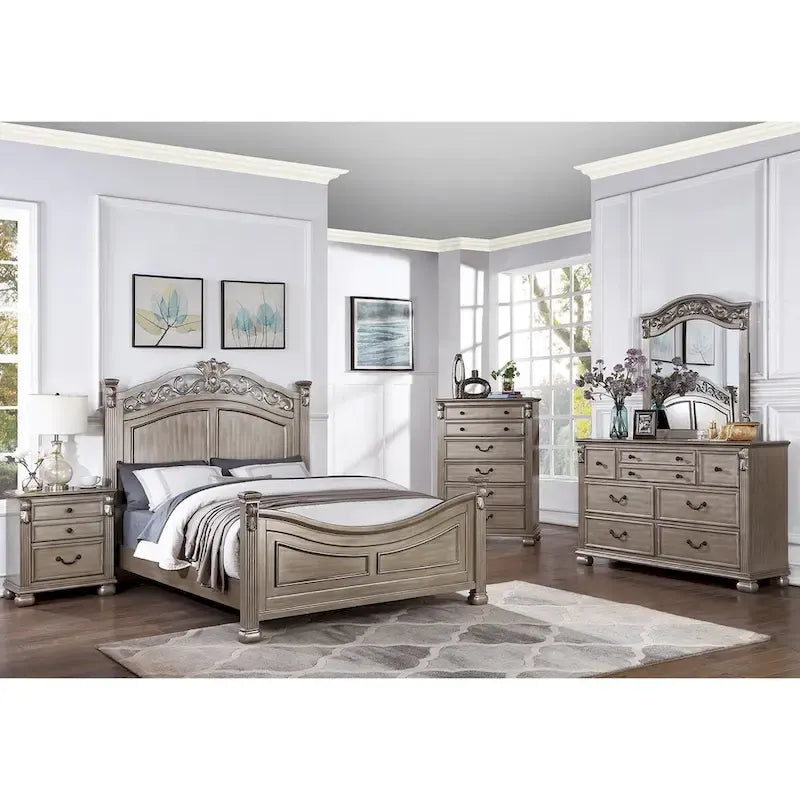 Cadre de lit en bois, tête de lit moulurée classique, style traditionnel américain, argent antique, grand lit / très grand lit / très grand lit californien, 2 personnes