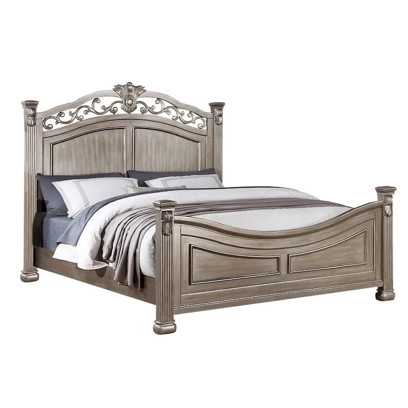 Cadre de lit en bois, tête de lit moulurée classique, style traditionnel américain, argent antique, grand lit / très grand lit / très grand lit californien, 2 personnes