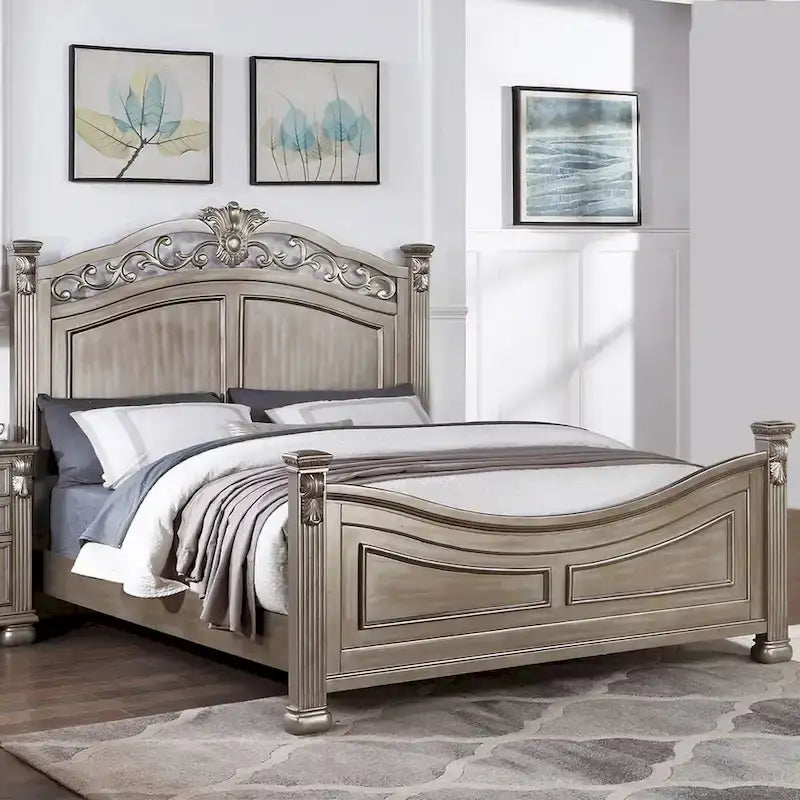 Cadre de lit en bois, tête de lit moulurée classique, style traditionnel américain, argent antique, grand lit / très grand lit / très grand lit californien, 2 personnes