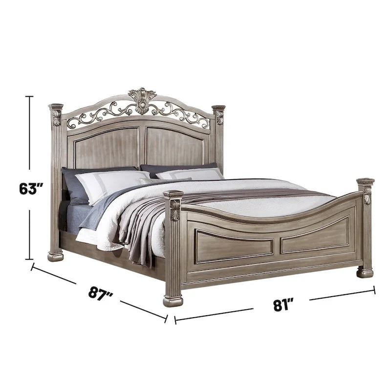 Cadre de lit en bois, tête de lit moulurée classique, style traditionnel américain, argent antique, grand lit / très grand lit / très grand lit californien, 2 personnes