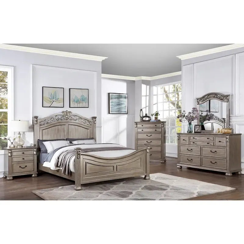 Cadre de lit en bois, tête de lit moulurée classique, style traditionnel américain, argent antique, grand lit / très grand lit / très grand lit californien, 2 personnes
