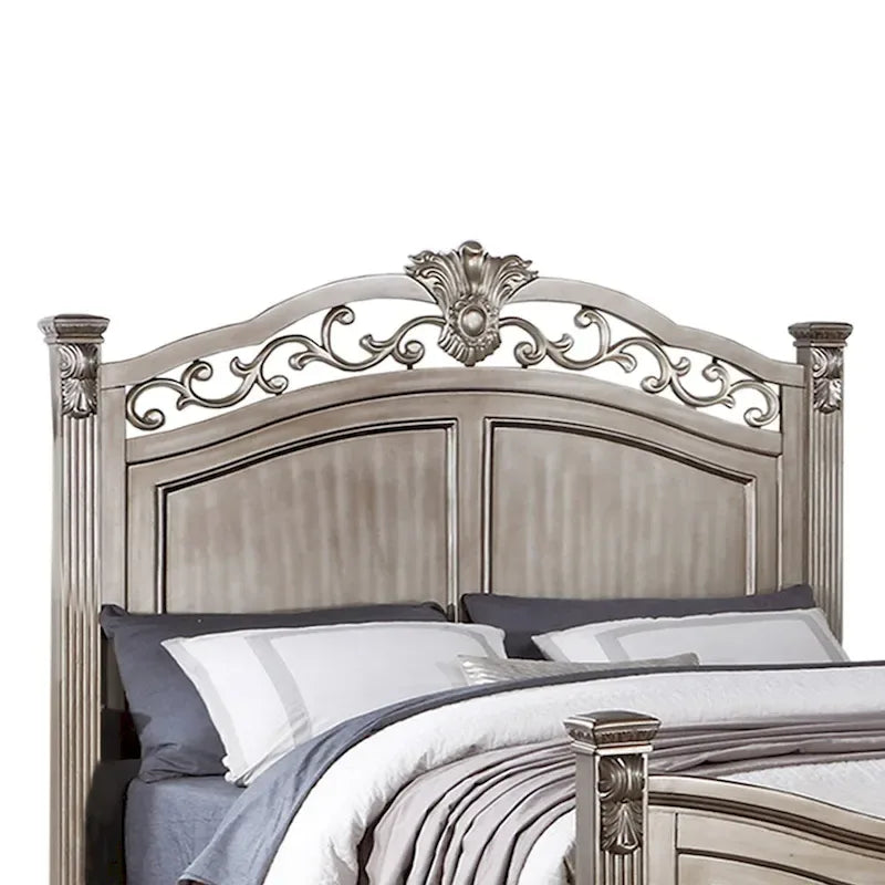Cadre de lit en bois, tête de lit moulurée classique, style traditionnel américain, argent antique, grand lit / très grand lit / très grand lit californien, 2 personnes