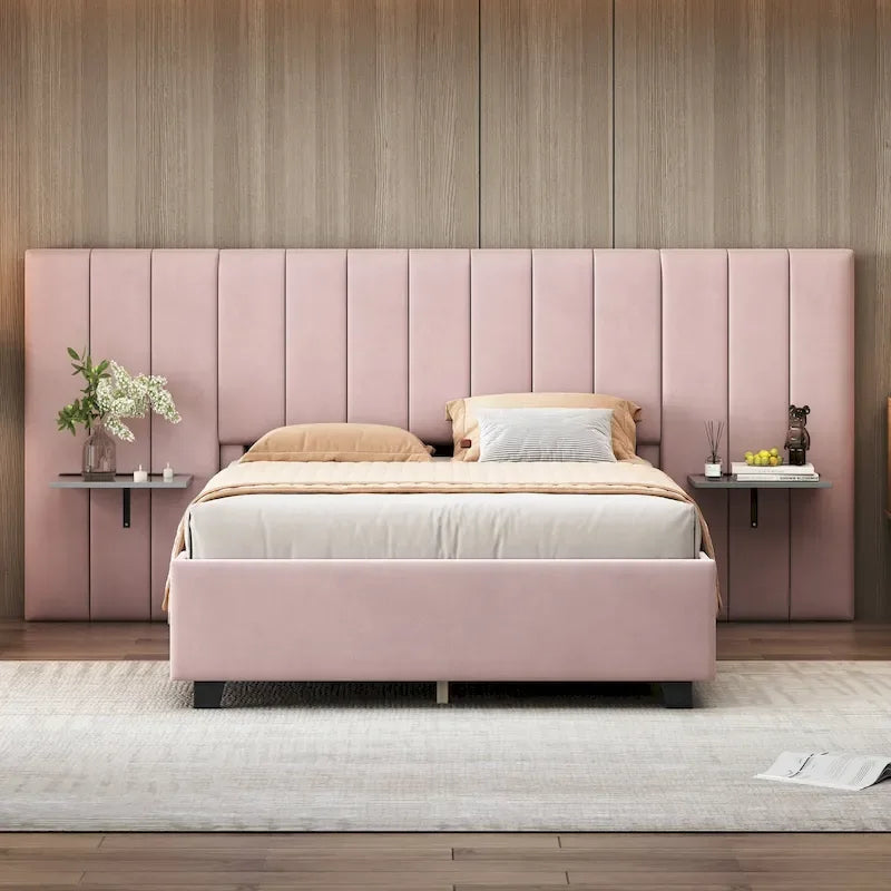 Lit Plateforme Rembourré Grand Format, Tête de Lit Surdimensionnée, Étagères Latérales, Style Moderne, Rose / Beige / Gris, 1 Personne