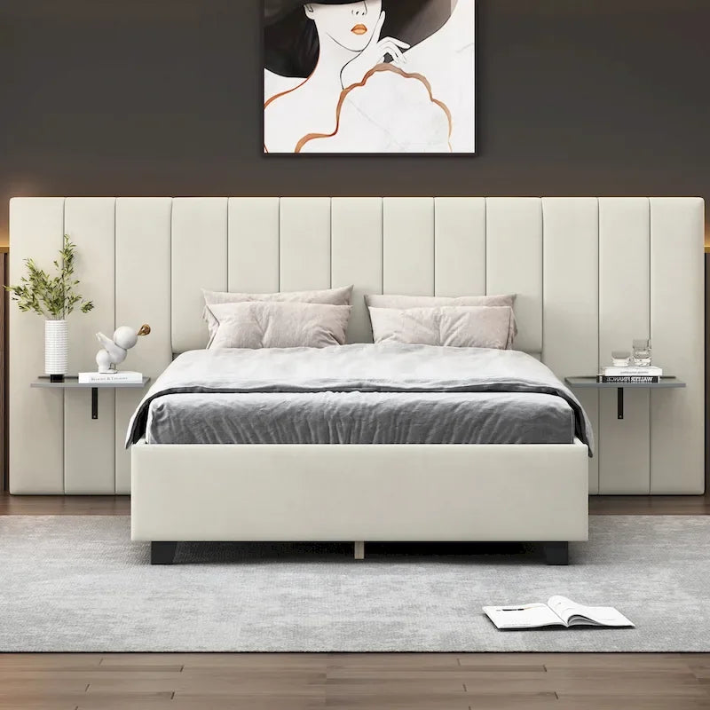 Lit Plateforme Rembourré Grand Format, Tête de Lit Surdimensionnée, Étagères Latérales, Style Moderne, Rose / Beige / Gris, 1 Personne