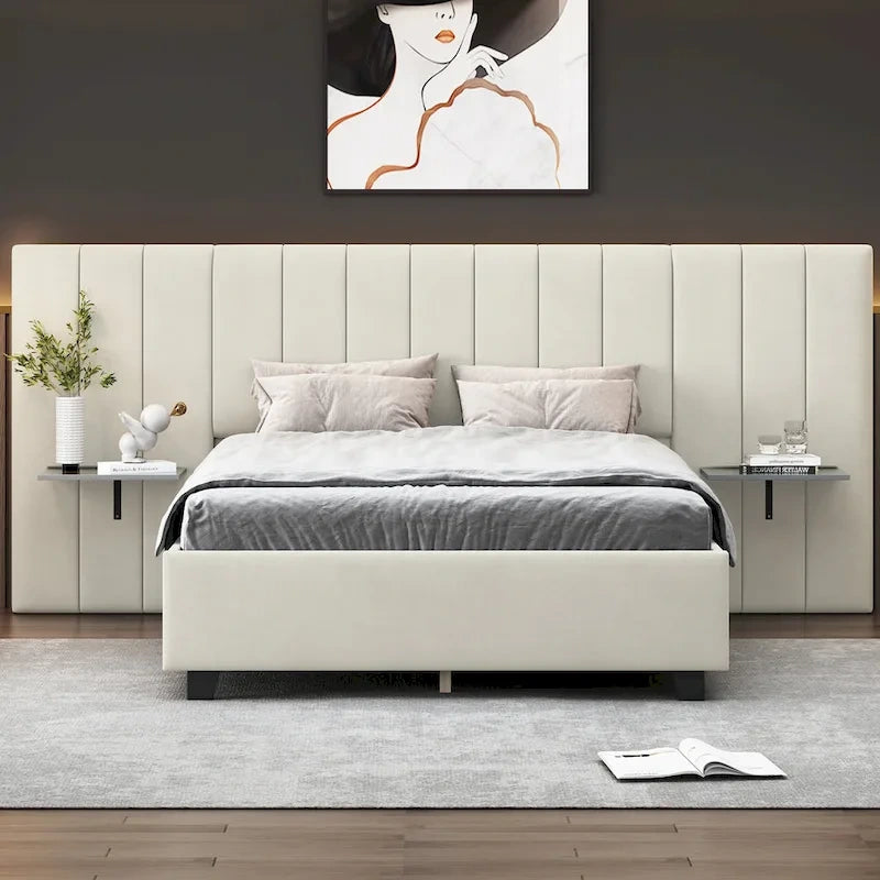 Lit Plateforme Rembourré Grand Format, Tête de Lit Surdimensionnée, Étagères Latérales, Style Moderne, Rose / Beige / Gris, 1 Personne