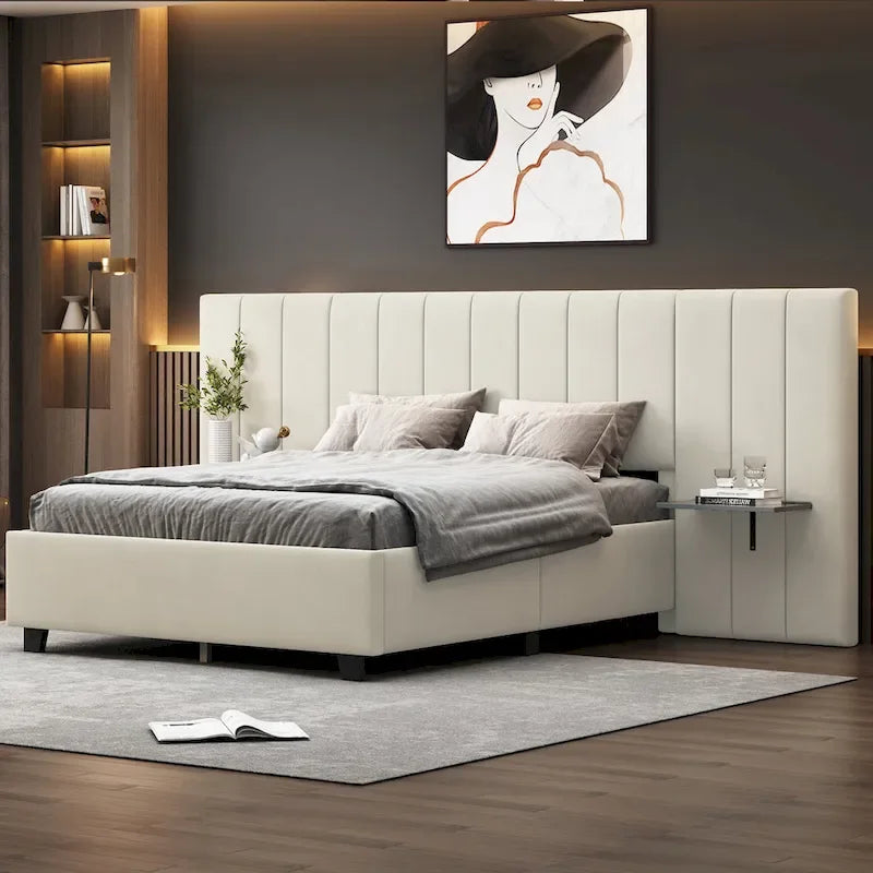 Lit Plateforme Rembourré Grand Format, Tête de Lit Surdimensionnée, Étagères Latérales, Style Moderne, Rose / Beige / Gris, 1 Personne