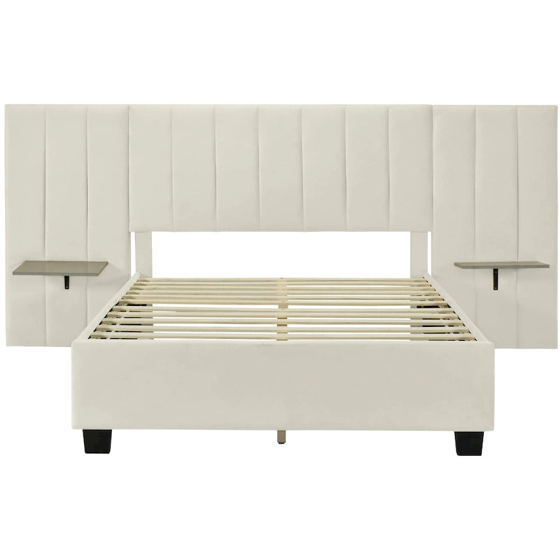 Lit Plateforme Rembourré Grand Format, Tête de Lit Surdimensionnée, Étagères Latérales, Style Moderne, Rose / Beige / Gris, 1 Personne