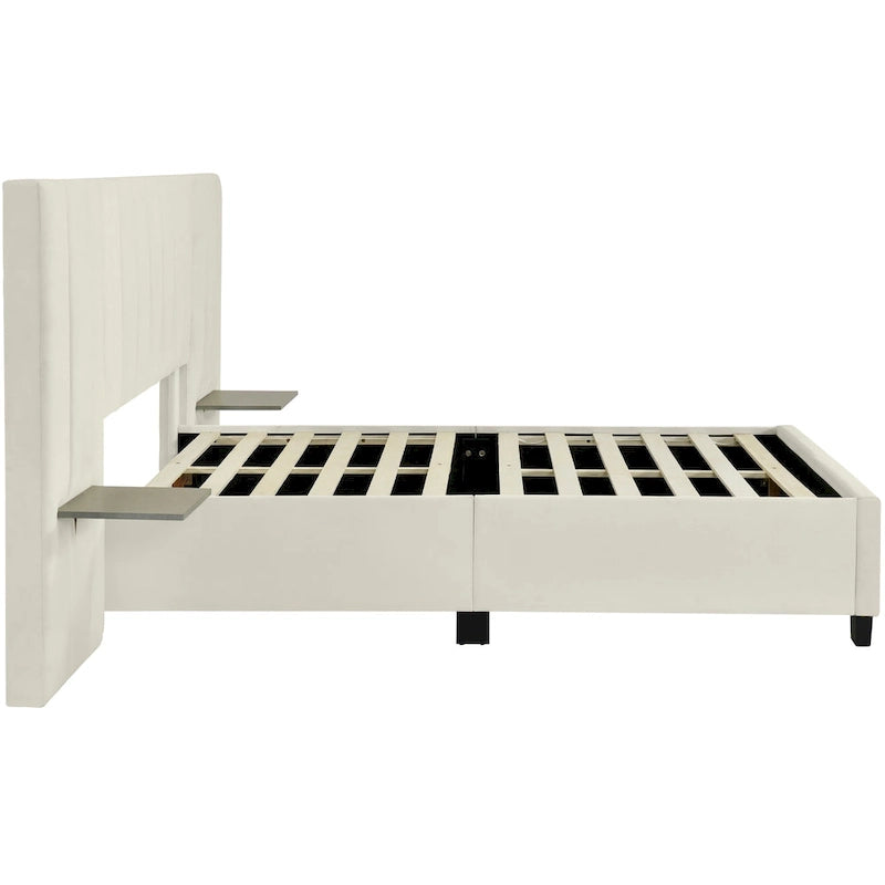 Lit Plateforme Rembourré Grand Format, Tête de Lit Surdimensionnée, Étagères Latérales, Style Moderne, Rose / Beige / Gris, 1 Personne