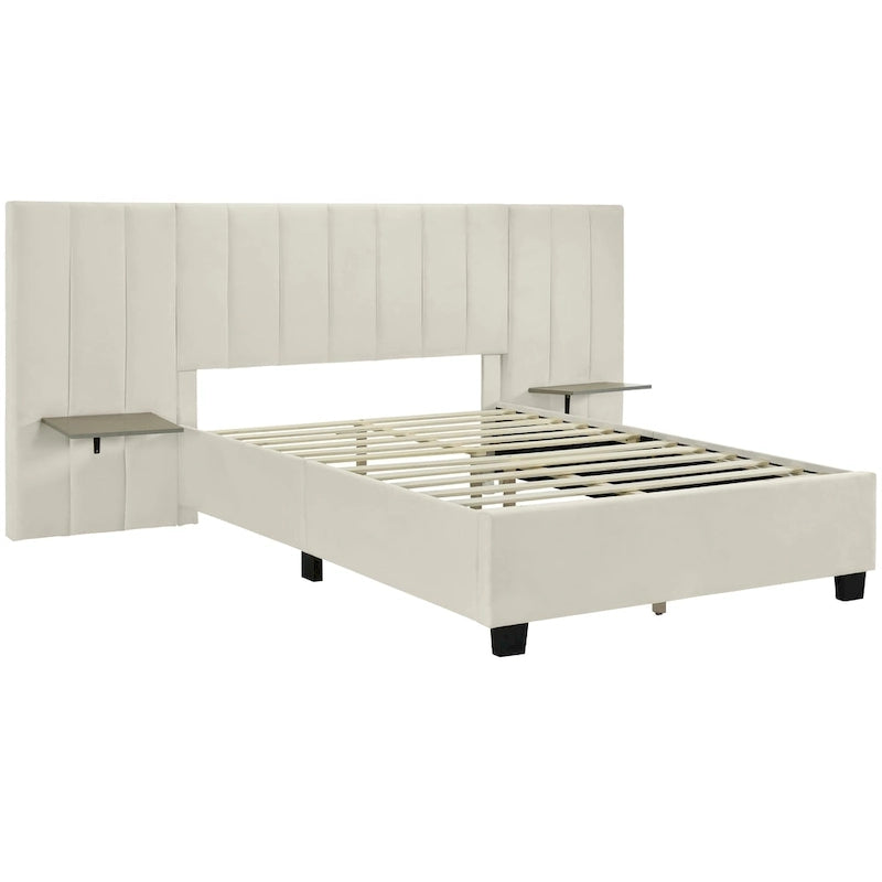 Lit Plateforme Rembourré Grand Format, Tête de Lit Surdimensionnée, Étagères Latérales, Style Moderne, Rose / Beige / Gris, 1 Personne