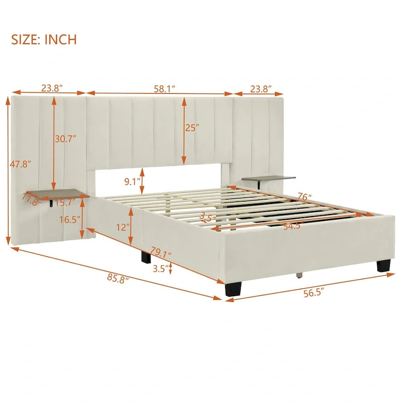 Lit Plateforme Rembourré Grand Format, Tête de Lit Surdimensionnée, Étagères Latérales, Style Moderne, Rose / Beige / Gris, 1 Personne