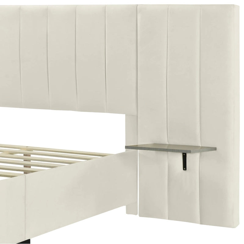Lit Plateforme Rembourré Grand Format, Tête de Lit Surdimensionnée, Étagères Latérales, Style Moderne, Rose / Beige / Gris, 1 Personne