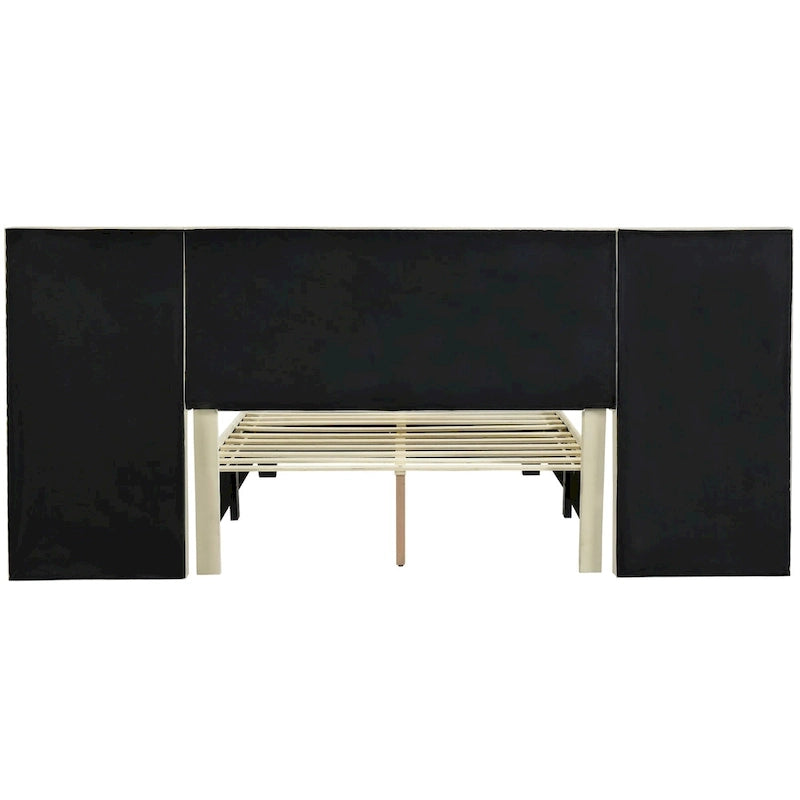 Lit Plateforme Rembourré Grand Format, Tête de Lit Surdimensionnée, Étagères Latérales, Style Moderne, Rose / Beige / Gris, 1 Personne