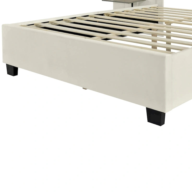 Lit Plateforme Rembourré Grand Format, Tête de Lit Surdimensionnée, Étagères Latérales, Style Moderne, Rose / Beige / Gris, 1 Personne