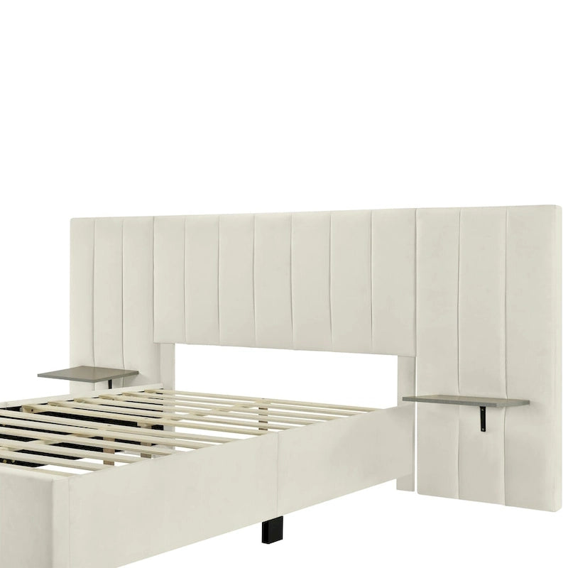Lit Plateforme Rembourré Grand Format, Tête de Lit Surdimensionnée, Étagères Latérales, Style Moderne, Rose / Beige / Gris, 1 Personne