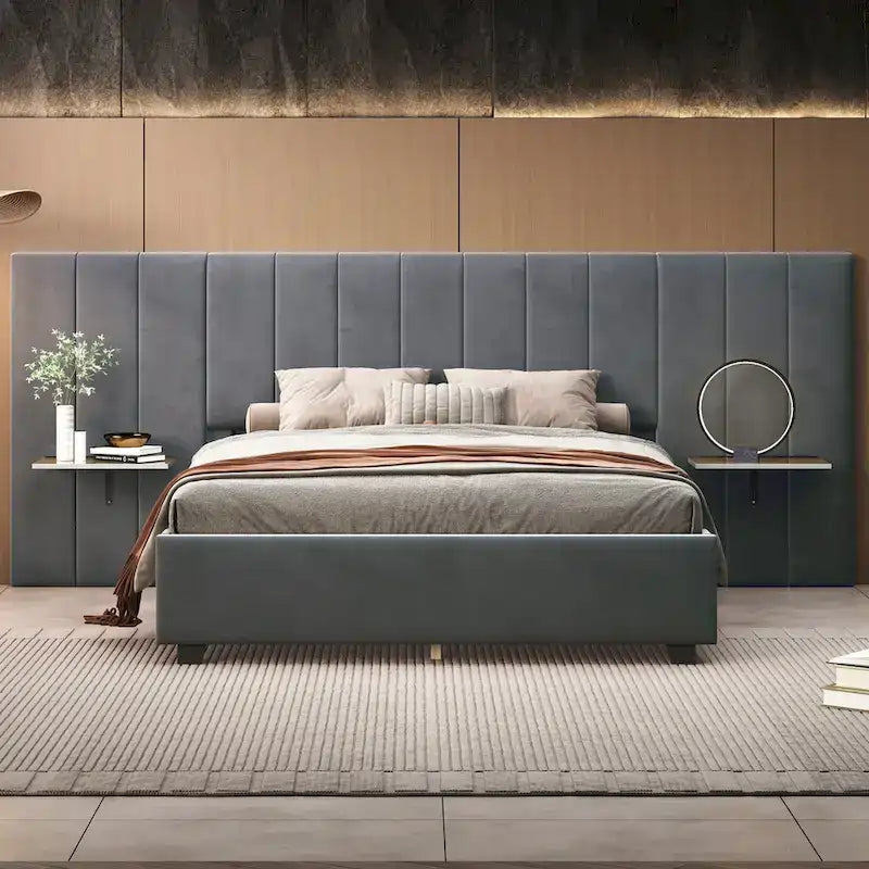 Lit Plateforme Rembourré Grand Format, Tête de Lit Surdimensionnée, Étagères Latérales, Style Moderne, Rose / Beige / Gris, 1 Personne