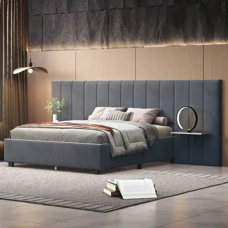 Lit Plateforme Rembourré Grand Format, Tête de Lit Surdimensionnée, Étagères Latérales, Style Moderne, Rose / Beige / Gris, 1 Personne