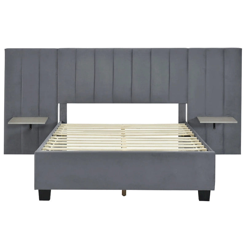 Lit Plateforme Rembourré Grand Format, Tête de Lit Surdimensionnée, Étagères Latérales, Style Moderne, Rose / Beige / Gris, 1 Personne