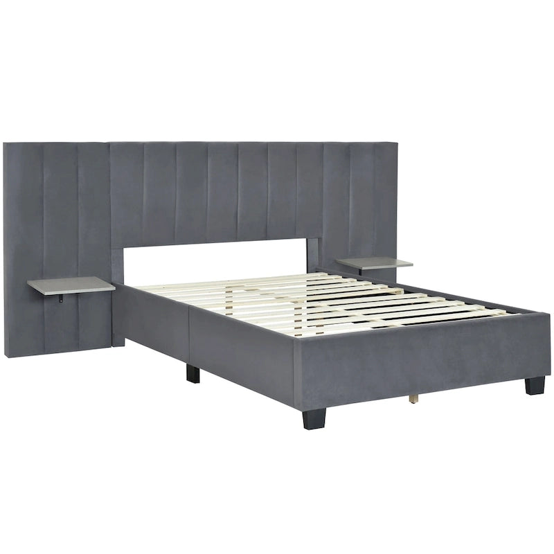 Lit Plateforme Rembourré Grand Format, Tête de Lit Surdimensionnée, Étagères Latérales, Style Moderne, Rose / Beige / Gris, 1 Personne