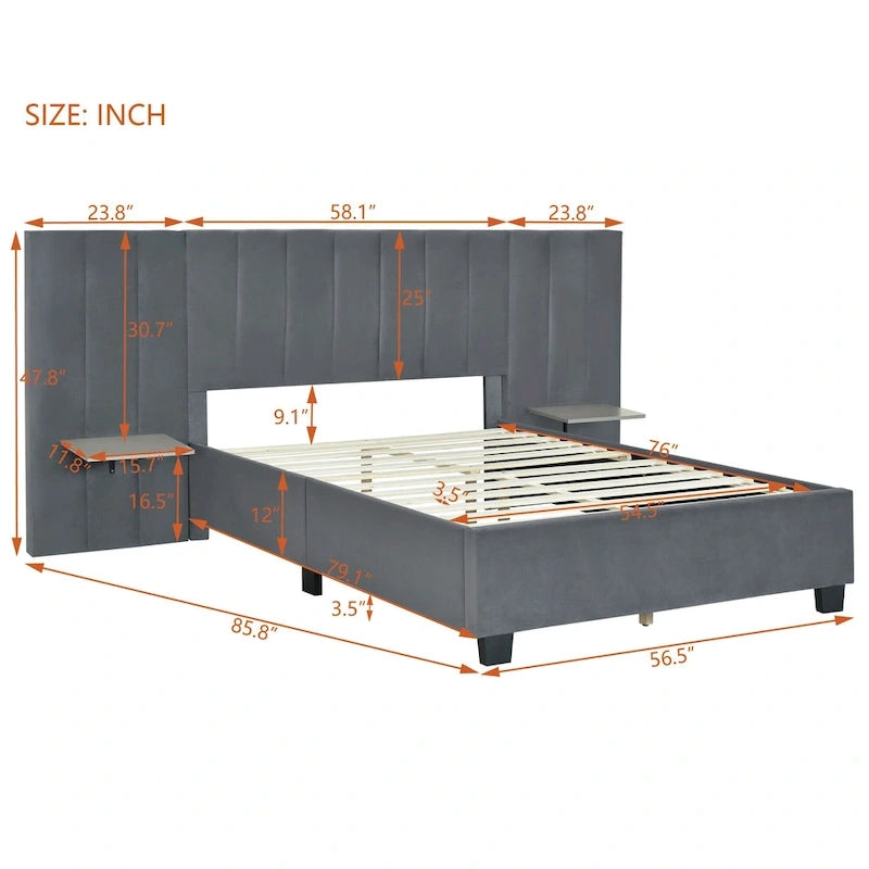 Lit Plateforme Rembourré Grand Format, Tête de Lit Surdimensionnée, Étagères Latérales, Style Moderne, Rose / Beige / Gris, 1 Personne
