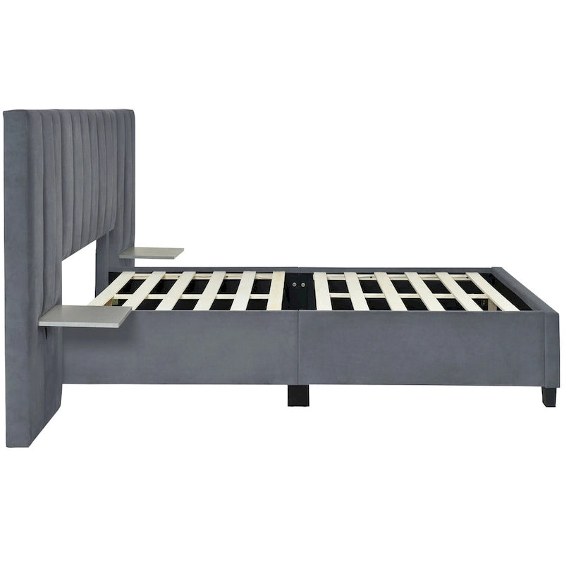 Lit Plateforme Rembourré Grand Format, Tête de Lit Surdimensionnée, Étagères Latérales, Style Moderne, Rose / Beige / Gris, 1 Personne